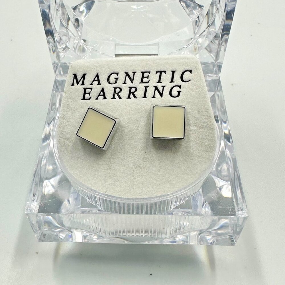 3/$30 Magnetic Square Stud Earrings Silver Cream Enamel Non Pierced Minimalist